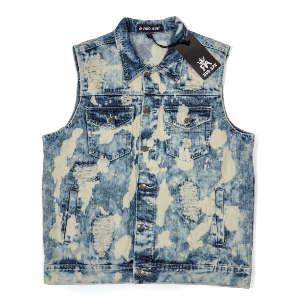 Red Ape Jean Vest Men's M Bleached/Acid Wash Denim Biker Street Distressed NWT